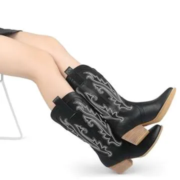 Zzheels Women Mid-calf Cowboy Boots Pointy Toe Boots Embroidered Western Cowgirl Boots Chunky Heels Black Matte US6.5