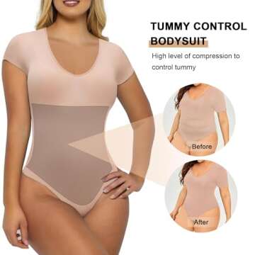 SHAPERX Scoop Neck Bodysuit for Women Seamless Tummy Control Shapewear Thong Sculpting Body Shaper,SZ5294-Sandstone-S/M