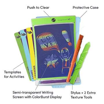 Boogie Board New Magic Sketch Reusable Kids’ Creativity Kit with Carry Case, Colorburst Drawing Pad, Stylus and Texture Tools, Double-Sided Templates for Drawing, Writing, and Tracing, Ages 4+
