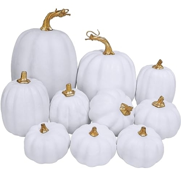 Winlyn 10 Pcs Assorted White Artificial Pumpkins Harvest White Pumpkins Decorative Pumpkins Foam Rus...