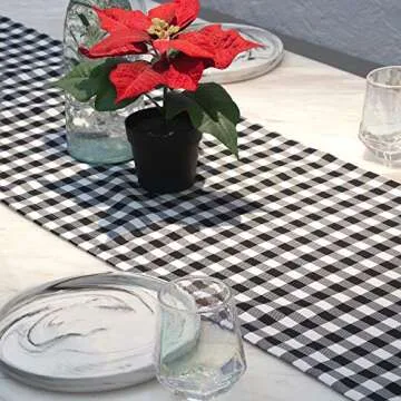 GuildreyTex Gingham Table Runner, Machine Washable, Non-Wrinkle, Fashions Farmhouse Living Black & White Checker Home Decorative, 14 X 72 Inch