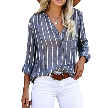 Astylish Womens Plus Size Summer V Neck Striped Button Down Henley Shirts Juniors Cute Tops Blue Sma...