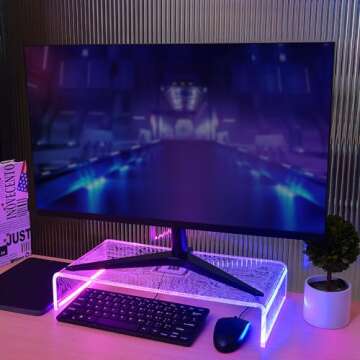 CoolGift Mart Light Up Monitor Stand Riser, Acrylic Computer Stand with PCB Pattern Blue Pink LED Li...