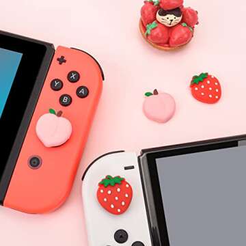 DLseego Strawberry & Peach Thumb Grips Caps for Switch Lite/Switch/Switch OLED Cute Fruit Soft Silicone Joystick Button Caps Analog Joy Con Stick Protective Cover - Red and Pink (4PCS)