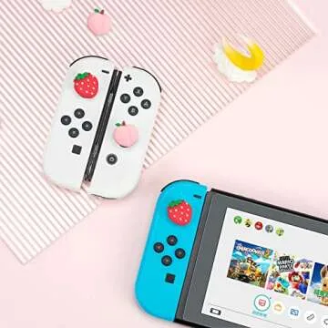 DLseego Strawberry & Peach Thumb Grips Caps for Switch Lite/Switch/Switch OLED Cute Fruit Soft Silicone Joystick Button Caps Analog Joy Con Stick Protective Cover - Red and Pink (4PCS)
