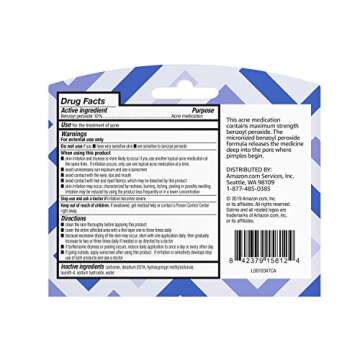 Amazon Brand - Solimo 10% Benzoyl Peroxide Acne Medication, Maximum Strength, Dermatologist Tested, 1 Fluid Ounce (Pack of 4)