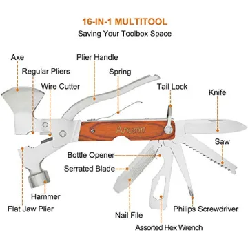 Camping Multitool, Anumit 16 in 1 Survival Gear kit for Hiking Fishing Outdoor, Creative & Cool Gifts for Men Women, Stainless Steel Car Tool with Hammer Axe Knife Bottle Opener Screwdriver etc