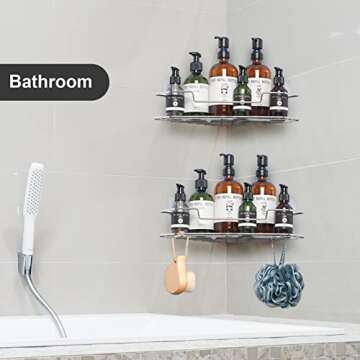 AmazerBath Corner Shower Caddy with Hooks, Adhesive Shower Shelf Stainless Steel, Shower Organizer Wall Mounted for Bathroom, Kitchen, Toilet, Chrome, 2 Pack
