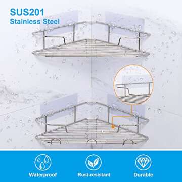 AmazerBath Corner Shower Caddy with Hooks, Adhesive Shower Shelf Stainless Steel, Shower Organizer Wall Mounted for Bathroom, Kitchen, Toilet, Chrome, 2 Pack