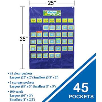 Carson Dellosa 25" x 35" Deluxe Calendar Pocket Chart, Monthly Calendar Pocket Chart for Classroom with Day, Week, Holiday Cards and Storage Pouches and More