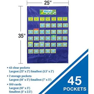 Carson Dellosa 25" x 35" Deluxe Calendar Pocket Chart, Monthly Calendar Pocket Chart for Classroom with Day, Week, Holiday Cards and Storage Pouches and More