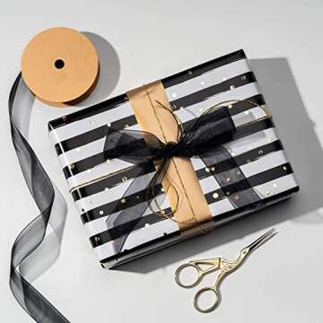 MAYPLUSS Gift Wrapping Paper Roll - 17In x 120In Per Roll - Luxury Black and Gold Stripe Anniversary Present Gift Wrap Paper for Men Birthday, Christmas, Wedding, Graduation, Father's Day and Party