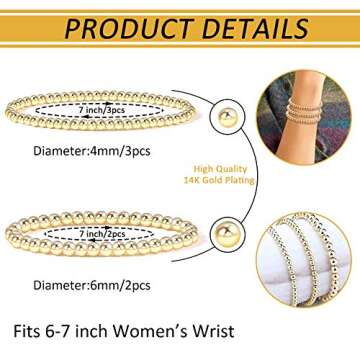 Idealcoldbrew 5 Pack Gold Beaded Bracelets, 14K Gold Plated Stretchable Elastic Bead Ball Bracelet, ...