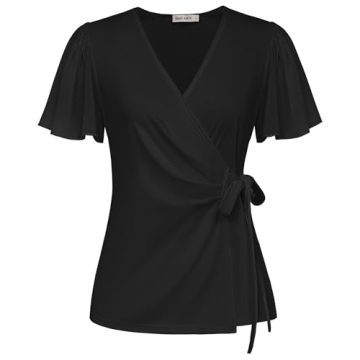 GRACE KARIN Black Work Tops for Women V Neck Wrap Slim Fit Spring Summer Business Casual Blouses L