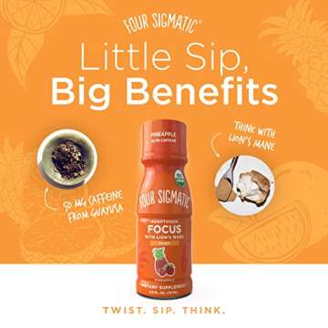 Four Sigmatic Adaptogen Focus Shot Lion’s Mane Mushroom Supplement | Concentration Support for Adults | 50mg Caffeine | Natural Pineapple Flavor with Vitamin C | Vegan, Gluten-Free | 6 Count