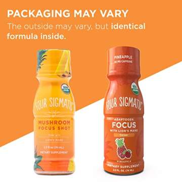 Four Sigmatic Adaptogen Focus Shot Lion’s Mane Mushroom Supplement | Concentration Support for Adults | 50mg Caffeine | Natural Pineapple Flavor with Vitamin C | Vegan, Gluten-Free | 6 Count