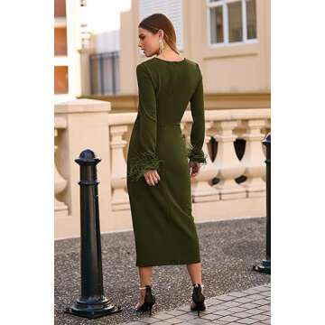 PRETTYGARDEN Women's 2024 Fall Long Sleeve Dress Formal Midi Bodycon Wrap Slit Feather Elegant Weddi...