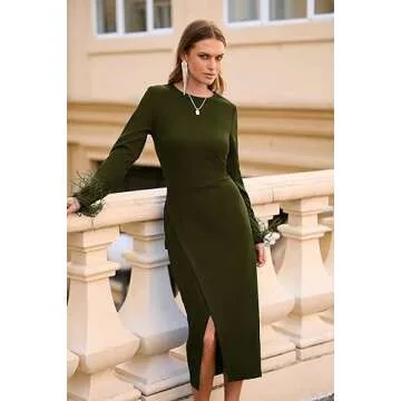 PRETTYGARDEN Women's 2024 Fall Long Sleeve Dress Formal Midi Bodycon Wrap Slit Feather Elegant Wedding Guest Cocktail Dresses (Army Green,Large)