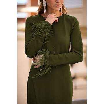 PRETTYGARDEN Women's 2024 Fall Long Sleeve Dress Formal Midi Bodycon Wrap Slit Feather Elegant Wedding Guest Cocktail Dresses (Army Green,Large)