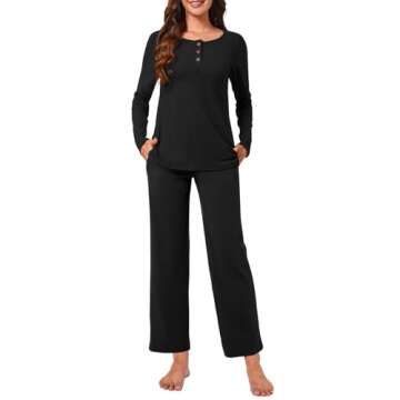 Bestbee Womens Pajama Set Plus Size, 2 Piece Lounge Outfits Button-Down Sleepwear Long Sleeve With Pockets Ladies Pjs, 2XL, Black