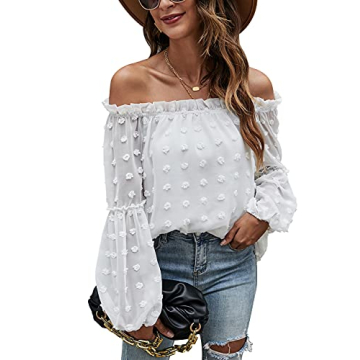 Blooming Jelly Women's Off The Shoulder Tops Chiffon Blouses Long Sleeve Shirts Flattering Pom Pom T...