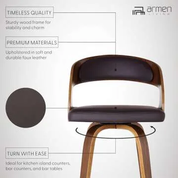 Armen Living Shelly 30" Seat Height Mid Century Modern Swivel Bar Stool for Kitchen Island Counter in Brown Faux Leather and Walnut Wood