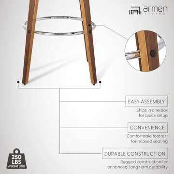 Armen Living Shelly 30" Seat Height Mid Century Modern Swivel Bar Stool for Kitchen Island Counter in Brown Faux Leather and Walnut Wood