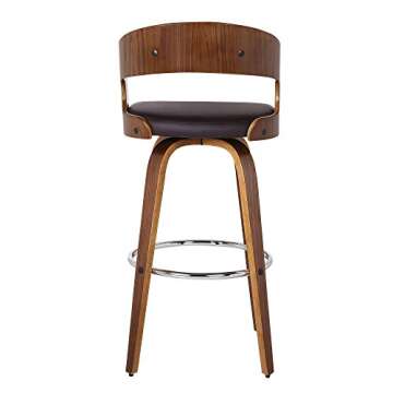 Armen Living Shelly 30" Seat Height Mid Century Modern Swivel Bar Stool for Kitchen Island Counter in Brown Faux Leather and Walnut Wood