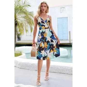 OUGES Women's 2025 Summer Spaghetti Strap V-Neck Floral Midi Casual Dress with Pockets(FloralK-452,L)