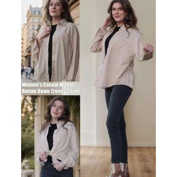 HOTOUCH Button Down Shirts for Women Summer Dressy Casual Waffle Knit Tops V Neck Long Sleeve Work S...