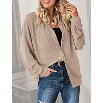 HOTOUCH Button Down Shirts for Women Summer Dressy Casual Waffle Knit Tops V Neck Long Sleeve Work Shacket Light Khaki M