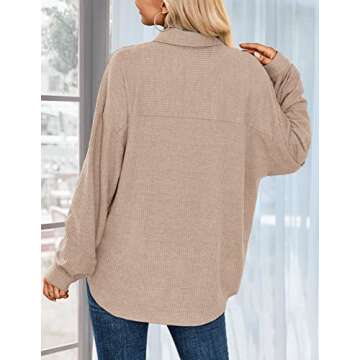 HOTOUCH Button Down Shirts for Women Summer Dressy Casual Waffle Knit Tops V Neck Long Sleeve Work Shacket Light Khaki M
