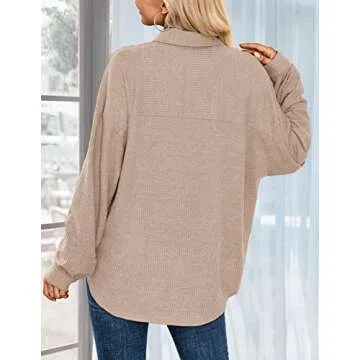 HOTOUCH Button Down Shirts for Women Summer Dressy Casual Waffle Knit Tops V Neck Long Sleeve Work Shacket Light Khaki M