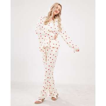 codcm Womens Pajama Sets Cotton Pj Set Cute Heart Print Long Sleeve Button Shirt With Pants(Apricot,Medium)