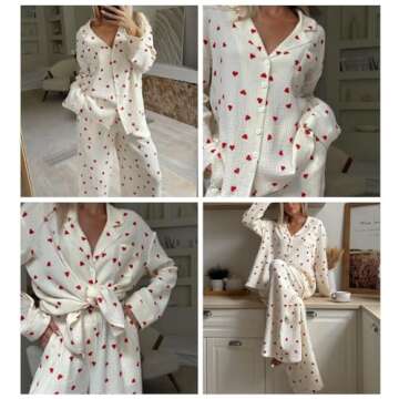 codcm Womens Pajama Sets Cotton Pj Set Cute Heart Print Long Sleeve Button Shirt With Pants(Apricot,Medium)