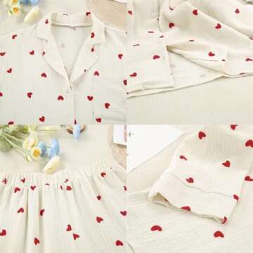 codcm Womens Pajama Sets Cotton Pj Set Cute Heart Print Long Sleeve Button Shirt With Pants(Apricot,Medium)