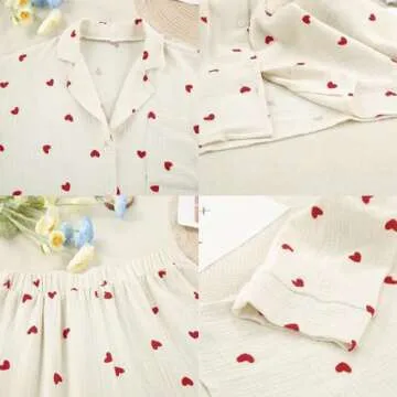 codcm Womens Pajama Sets Cotton Pj Set Cute Heart Print Long Sleeve Button Shirt With Pants(Apricot,Medium)