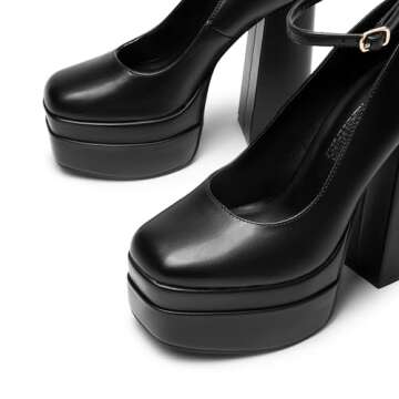 DREAM PAIRS Women's Platform High Heels Closed Toe Chunky Block Pumps Square Toe Ankle Strap Dress Fashion Party Y2K Shoes,Size 8.5,Black-PU,SDPU2471W