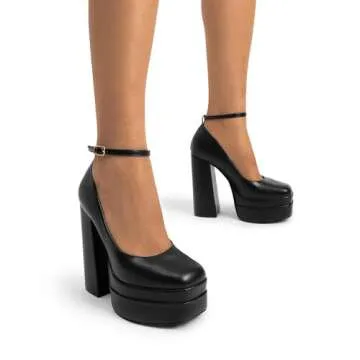 DREAM PAIRS Women's Platform High Heels Closed Toe Chunky Block Pumps Square Toe Ankle Strap Dress Fashion Party Y2K Shoes,Size 8.5,Black-PU,SDPU2471W