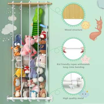 HAVEDAWN Stuffed Animal Storage, Wooden Stuffed Animal Hammock, Stuffed Animal Net for Plushie Toys - Space Save for Plush Toy Holder, Adjustable Hanging Toy Organizer, Perfect for Toddler Boys Girls