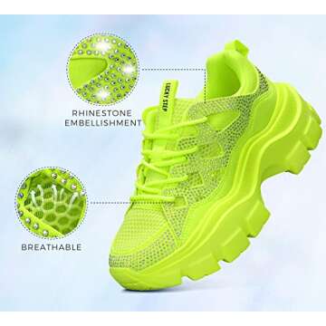 LUCKY STEP Women Chunky Platform Dad Colorblock White Neon Green Fuchsia Hologram Silver Casual Lace-Up Walking Sneakers