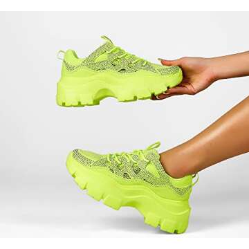 LUCKY STEP Women Chunky Platform Dad Colorblock White Neon Green Fuchsia Hologram Silver Casual Lace-Up Walking Sneakers