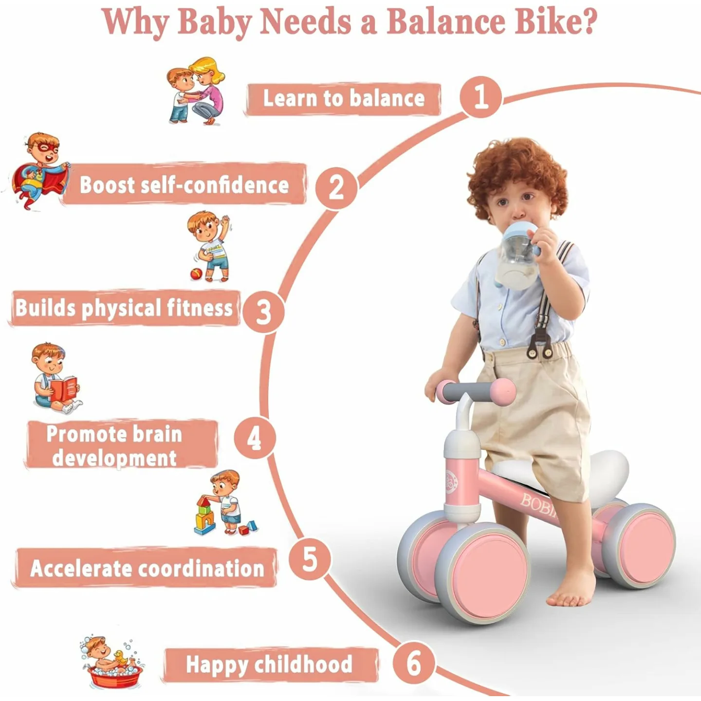 Pink Baby Balance Bike for 1 Year Olds, No Pedals