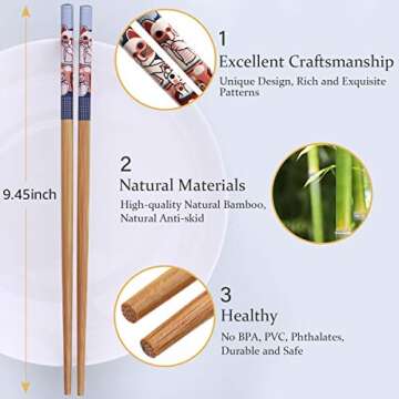 GLAMFIELDS 10Pairs Handmade Natural Bamboo Chopsticks Healthy Asian Japanese Korean Noodles Sushi Ch...