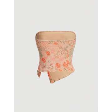 Milumia Women Floral Mesh Strapless Ruched Tube Top Split Hem Sleeveless Bandeau Crop Tops Coral Orange X-Small