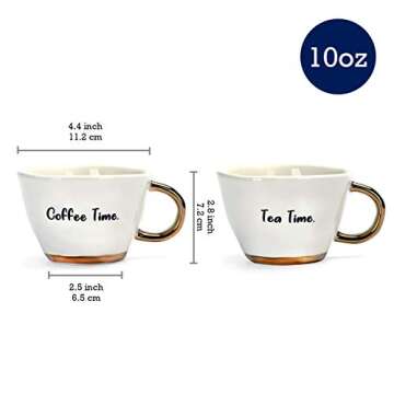 Bico Handcrafted Coffee Time-Tea Time Gold Plated Ceramic Stoneware 10oz Coffee Mugs, Set of 2, Microwave Safe