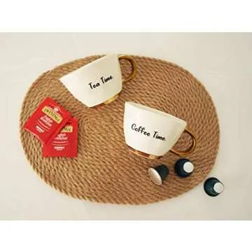 Bico Handcrafted Coffee Time-Tea Time Gold Plated Ceramic Stoneware 10oz Coffee Mugs, Set of 2, Microwave Safe