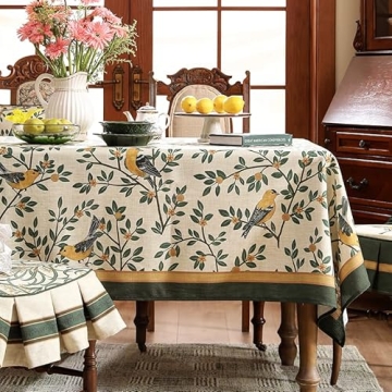 Patdrea Designer Vintage French Floral Small Square Tablecloth 55"x55" - Yellow Birds Green Leaves P...