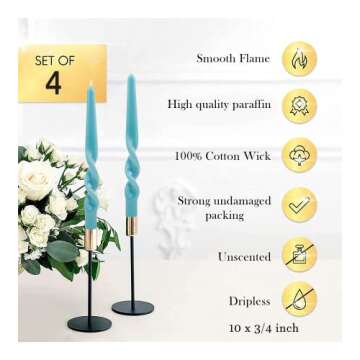 MAITREYA Teal Taper Candles Spiral Stick Candles Handmade Twisted Candles-Set of 4 for Decoration Weddings Party Church-Unscented Dripless Candles,10inch(Teal)