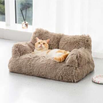 Mewoo Pet Bed for Cats & Small Dogs, Washable Puppy Sleeping Bed Cat Couch Pet Sofa Bed, Soft Calming Cat Sofa Beds for Indoor Cats Anti-Slip Bottom (Brown)